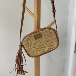 SCHUTZ Tan and Brown Woven Crossbody Bag with Leather Accents